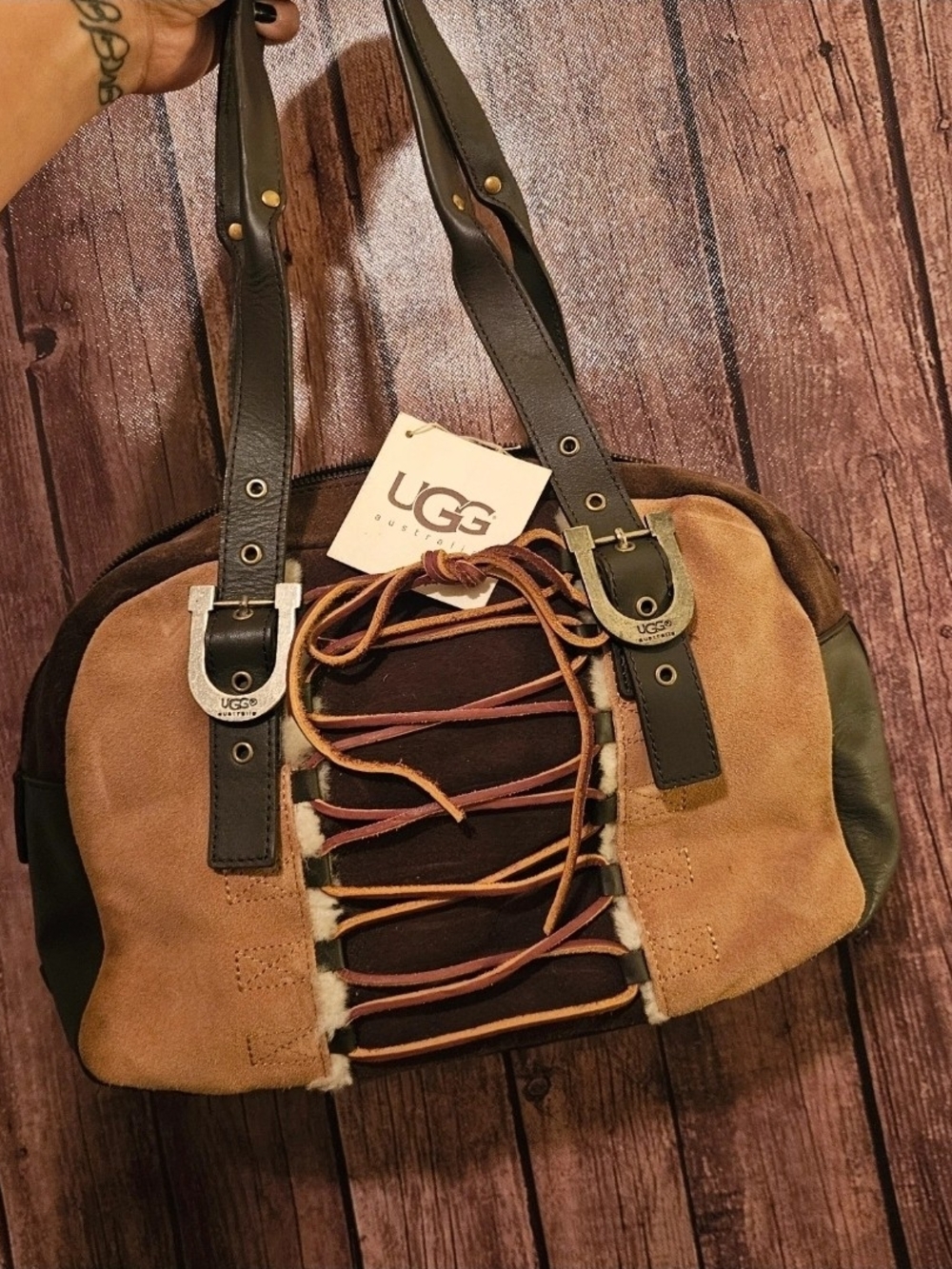 UGG Men’s Tan and Dark Brown Suede Messenger Bag with Lace-Up Front